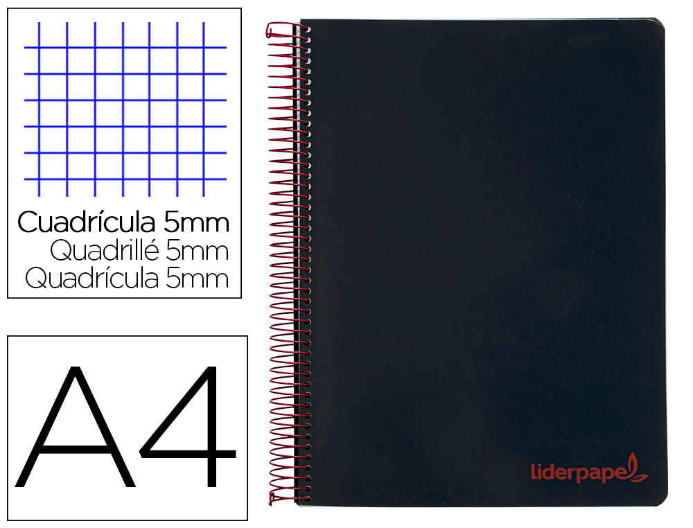 LIDERPAPEL - Cuaderno espiral A4 micro wonder tapa plastico 120h 90 gr cuadro 5 mm 5 bandas 4 taladros color negro (Ref. BA85)