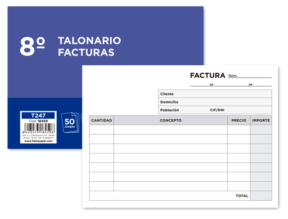 LIDERPAPEL - TALONARIO FACTURAS 8º ORIGINAL Y COPIA APAISADO SIN I.V.A (Ref.T247)