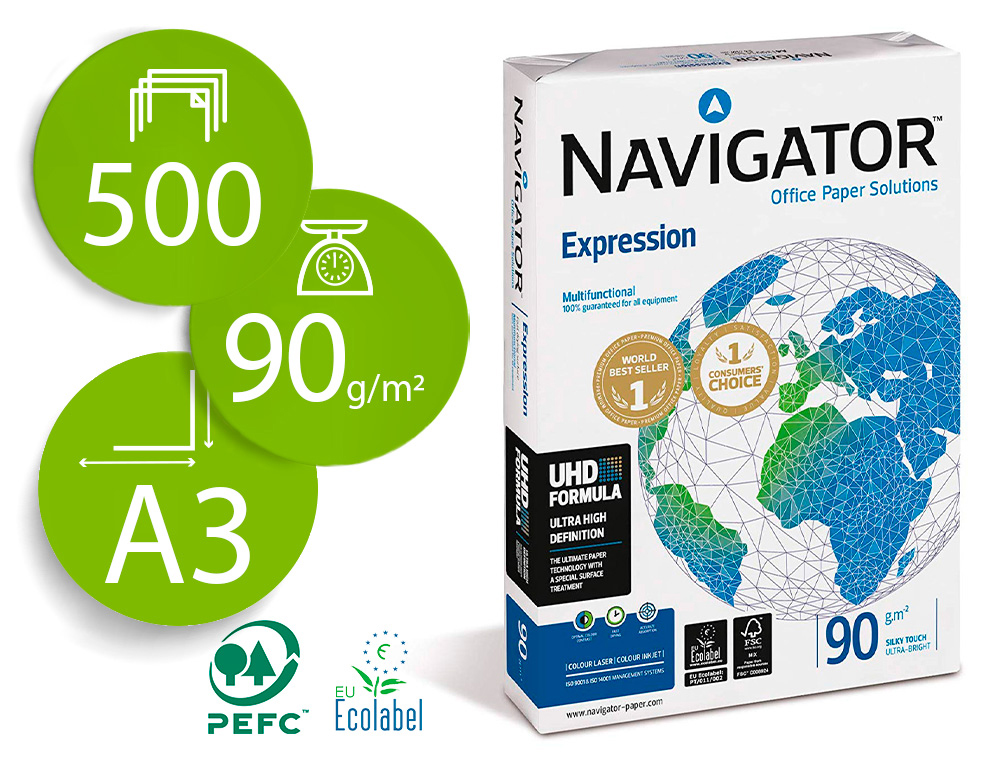 NAVIGATOR - PAPEL FOTOCOPIADORA DIN A3 90 GRAMOS PAPEL MULTIUSO INK-JET Y LASER-PAQUETE DE 500 HOJAS (Ref.NAV-90-A3)
