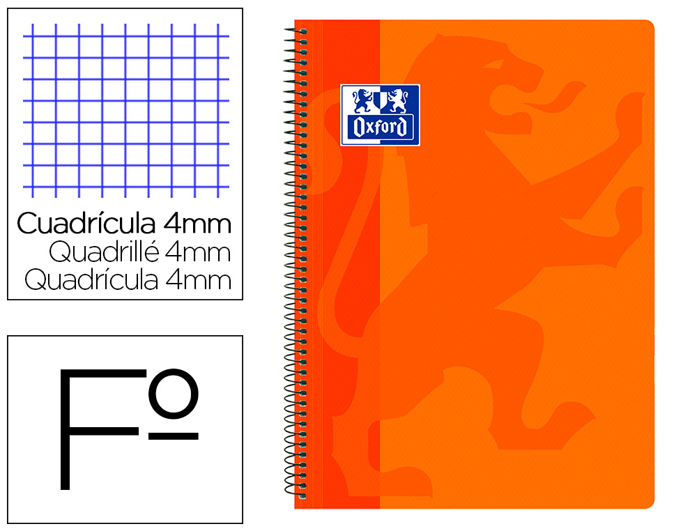 OXFORD - Cuaderno espiral school classic tapa polipropileno folio 80 hojas cuadro 4 mm con margen (Ref. 400079665)