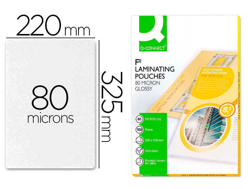 Q-CONNECT - BOLSA DE PLASTIFICAR 325 X 220 MM 80 MC FOLIO CAJA DE 100 UNIDADES (Ref.KF04755)