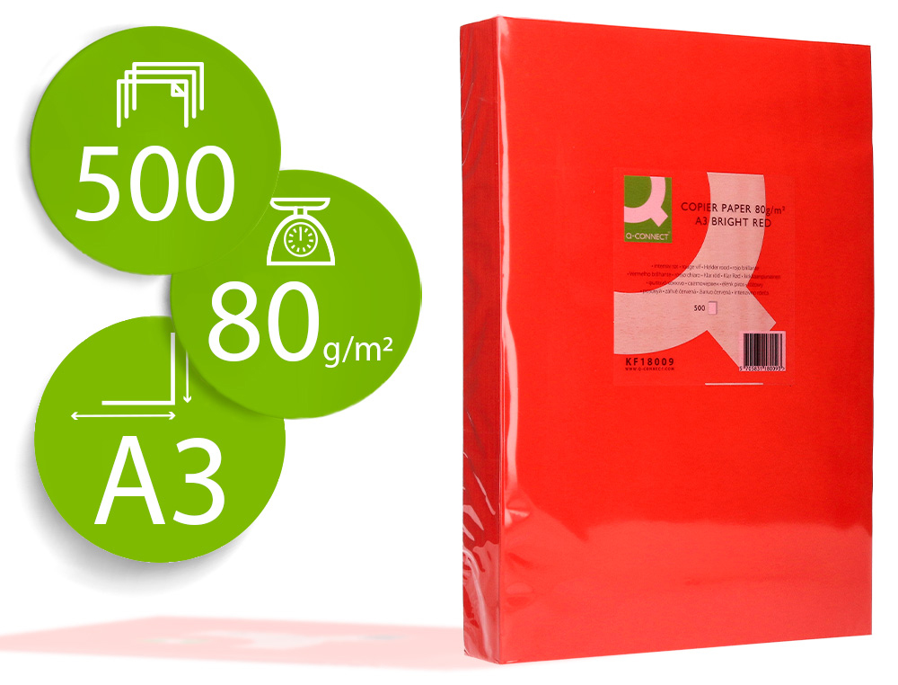 Q-CONNECT - PAPEL COLOR DIN A3 80GR ROJO INTENSO PAQUETE DE 500 HOJAS (Ref.KF18009)