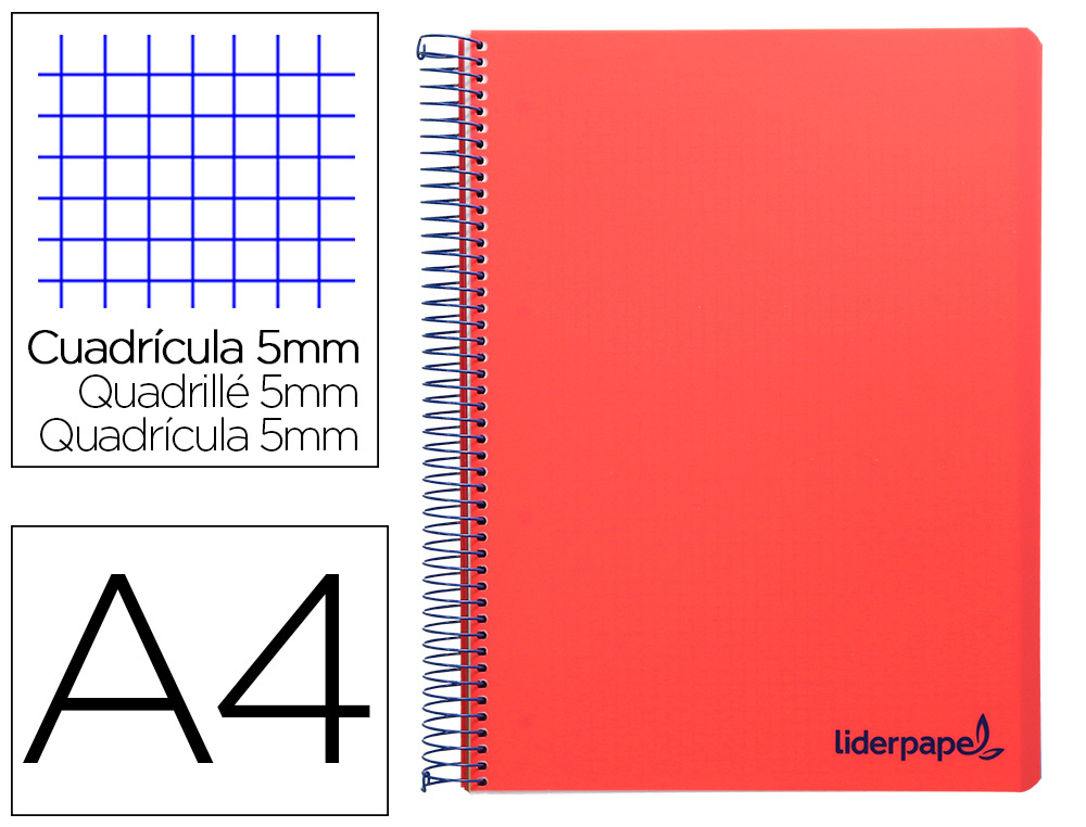 LIDERPAPEL - Cuaderno espiral A4 micro wonder tapa plastico 120h 90 gr cuadro 5 mm 5 bandas 4 taladros color rojo (Ref. BA88)