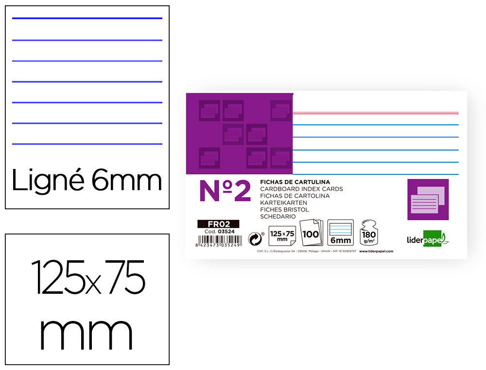 LIDERPAPEL - FICHA RAYADA Nº2 75 X 125MM PAQUETE DE 100 180G (Ref.FR02)