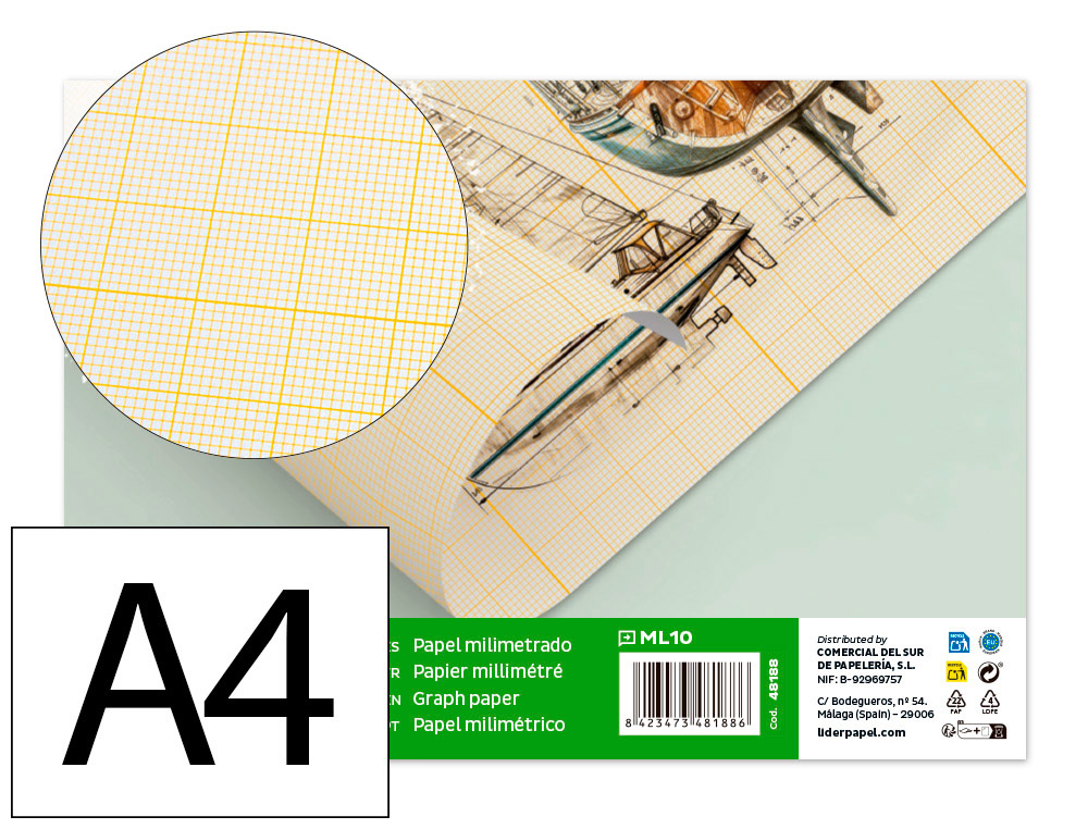 LIDERPAPEL - PAPEL DIBUJO 210X297MM 80G/M2 MILIMETRADO PACK DE 10 (Ref.ML10)