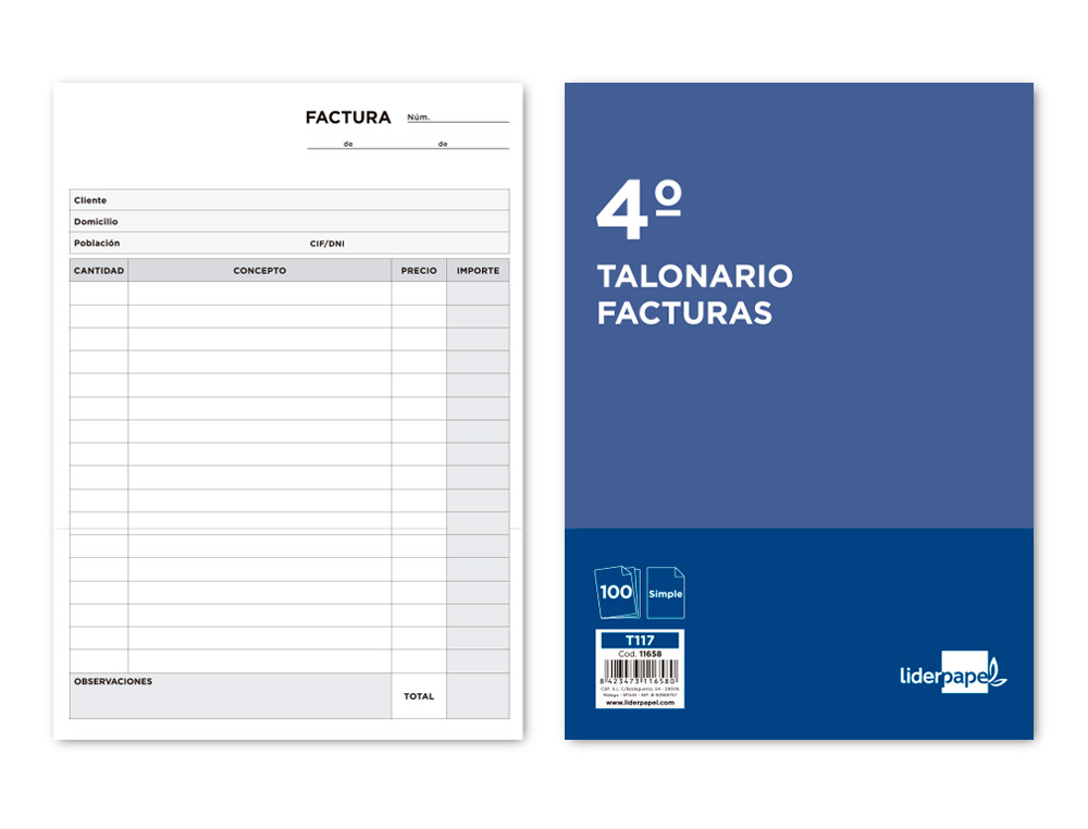 LIDERPAPEL - TALONARIO FACTURAS CUARTO ORIGINAL SIN I.V.A (Ref.T117)