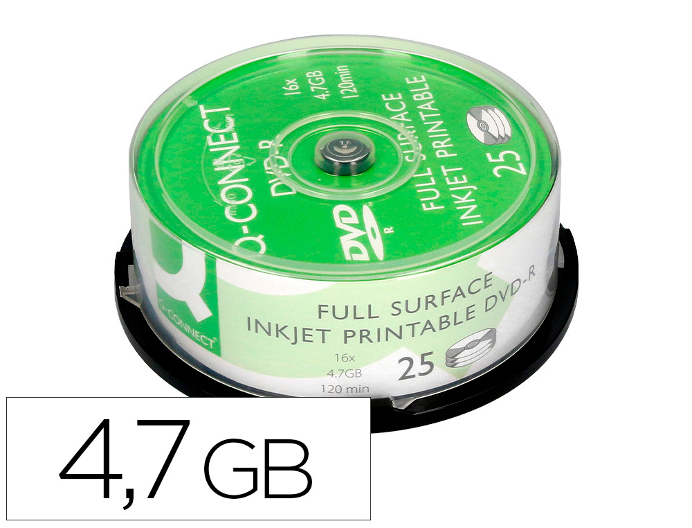 Q-CONNECT - DVD-R CON SUPERFICIE 100% IMPRIMIBLE PARA INKJET CAPACIDAD 4,7GB DURACION 120MIVELOCIDAD 16X BOTE DE 25 UNID (CANON L.P.I. 5,25€ Incluido) (Ref.KF18021)