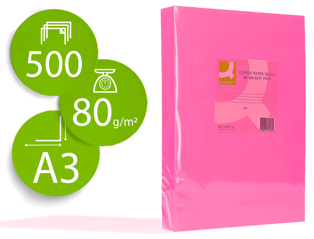 Q-CONNECT - PAPEL COLOR DIN A3 80GR ROSA INTENSO PAQUETE DE 500 HOJAS (Ref.KF18012)