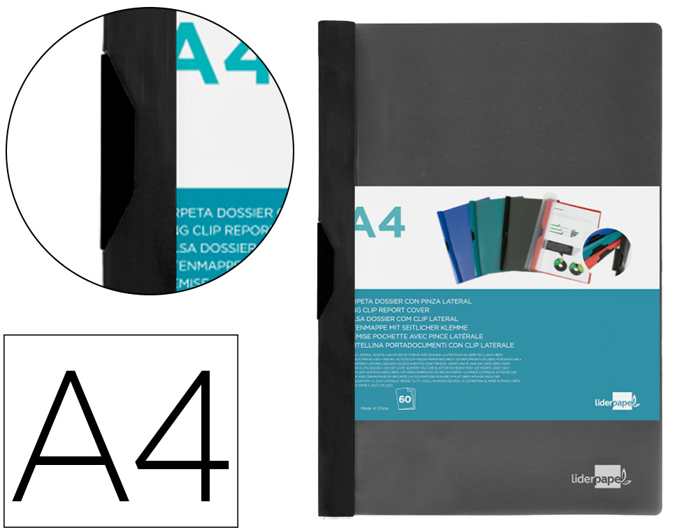 LIDERPAPEL - CARPETA DOSSIER PINZA LATERAL 45325 POLIPROPILENO DIN A4 NEGRO 60 HOJAS PINZA DESLIZANTE (Ref.DP09)