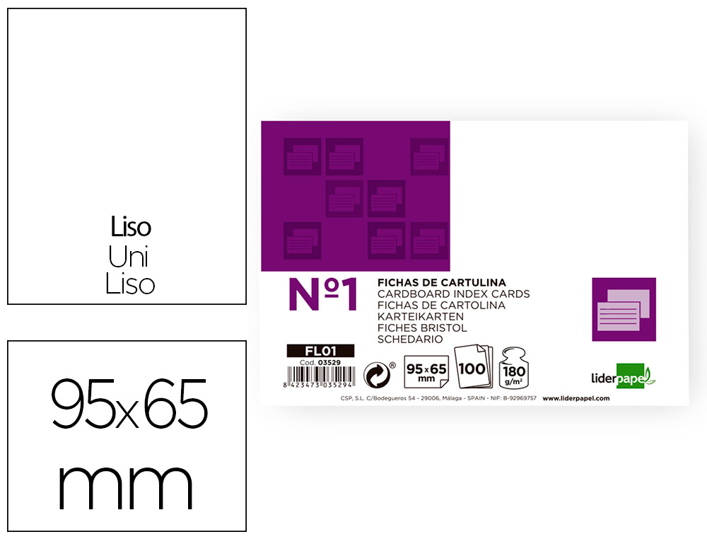 LIDERPAPEL - FICHA LISA Nº1 65X95MM PAQUETE DE 100 180G (Ref.FL01)
