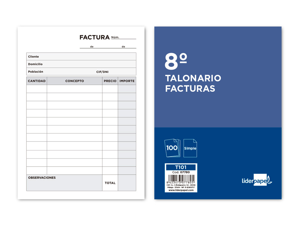 LIDERPAPEL - TALONARIO FACTURAS OCTAVO -SIN IVA- 101 (Ref.T101)