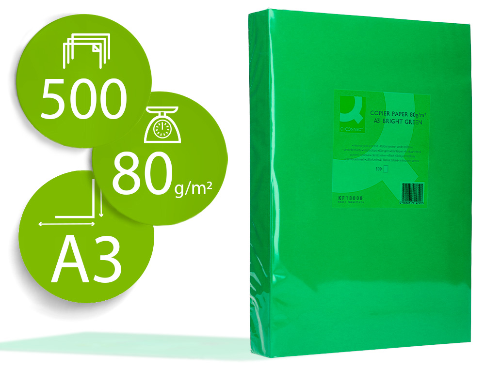 Q-CONNECT - PAPEL COLOR DIN A3 80GR VERDE INTENSO PAQUETE DE 500 HOJAS (Ref.KF18008)