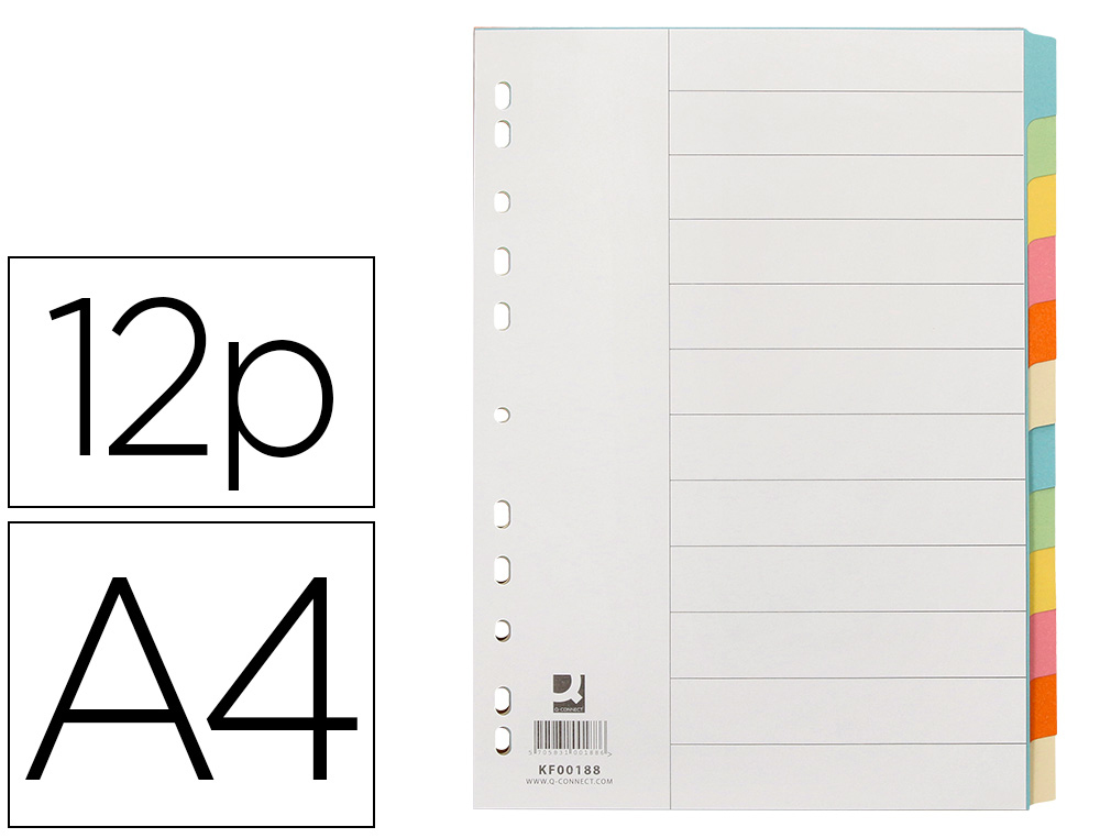 Q-CONNECT - SEPARADOR CARTULINA JUEGO DE 12 SEPARADORES DIN A4-MULTITALADRO (Ref.KF00188)