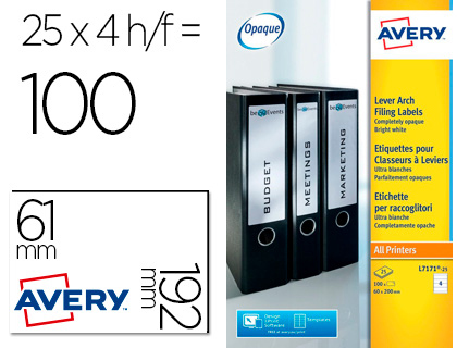 AVERY - Etiqueta adhesiva permanente blanca 61x192 mm para lomo archivador laser caja de 100 unidades (Ref. L4761-25)