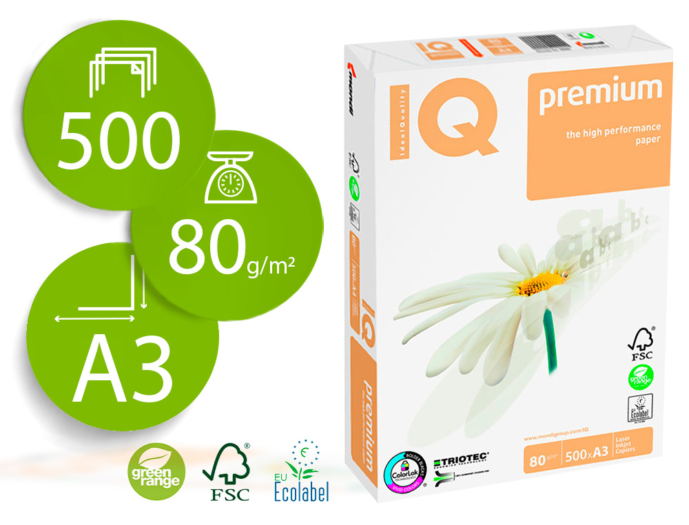 IQ - PAPEL FOTOCOPIADORA PREMIUM DIN A3 80 GRAMOS PAQUETE DE 500 HOJAS 