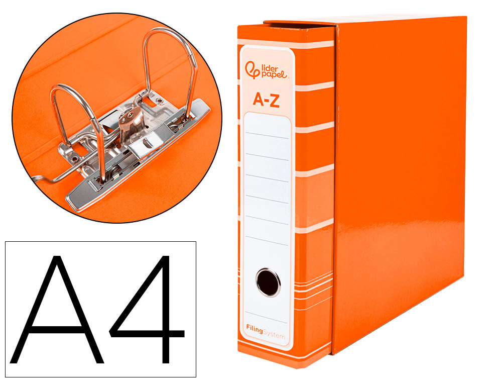 LIDERPAPEL - ARCHIVADOR DE PALANCA LIDERPAP EL A4 FILING SYSTEM FORRADO SIN RADO LOMO 80MM NARANJA CON CAJA Y COMPRESOR METALICO (Ref.AZ90)