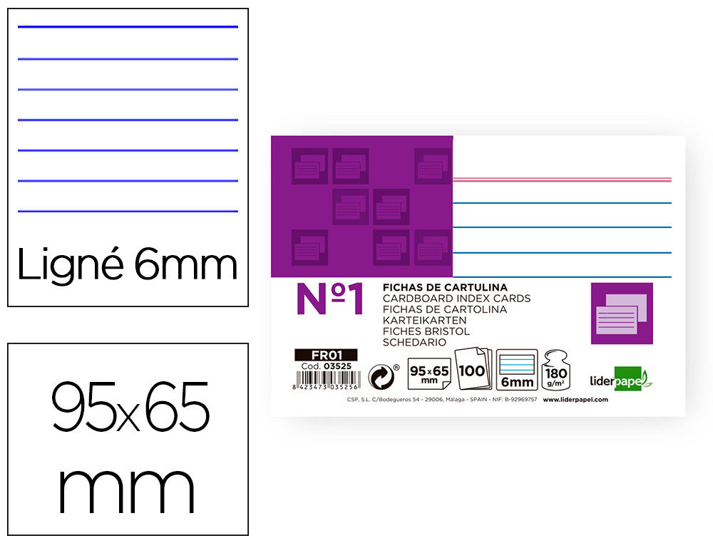 LIDERPAPEL - FICHA RAYADA Nº1 65 X 95MM PAQUETE DE 100 180G (Ref.FR01)