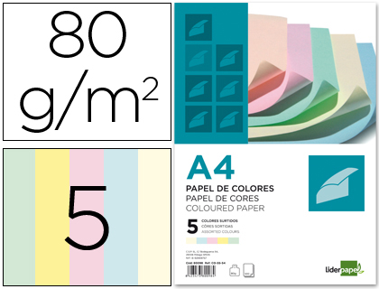 LIDERPAPEL - PAPEL COLOR A4 80G/M2 5 COLORES SURTIDOS PAQUETE DE 500 (Ref.PC12)
