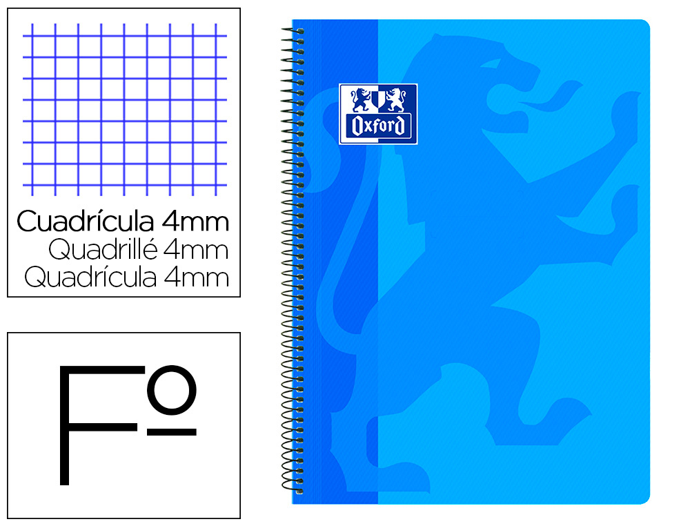 OXFORD - Cuaderno espiral school classic tapa polipropileno folio 80 hojas cuadro 4 mm con margen azul (Ref. 400106965)