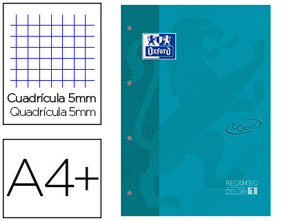 OXFORD - Recambio color 1 din a4+ 80 hojas 90 gr cuadricula 5 mm tapa blanda 4 taladros aqua touch (Ref. 400077699)