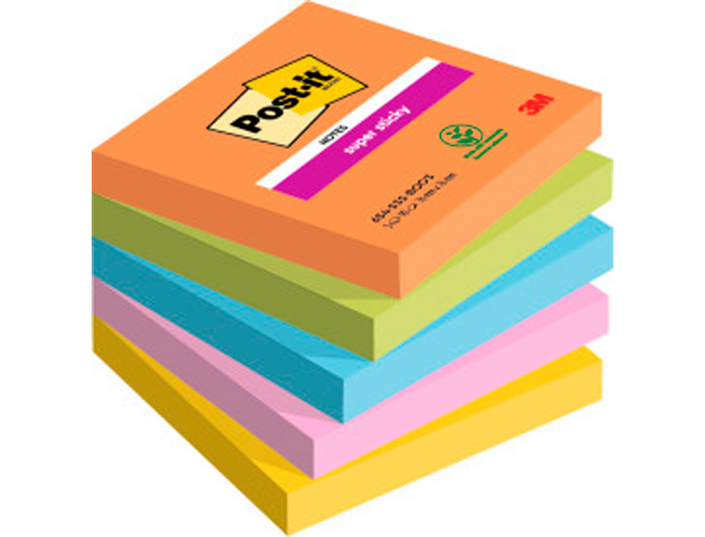 POST-IT - Notas adhesivas Super Sticky Pack 5 blocs 90h Neon surtidos 76x76mm (Ref.70005253193)