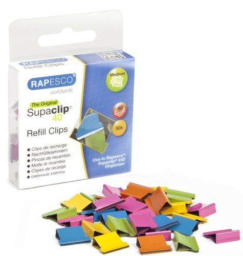 RAPESCO - 50 Supaclip®40 de repuesto multicolores. Capacidad para 40 Hojas. (Ref.RC4050MC)