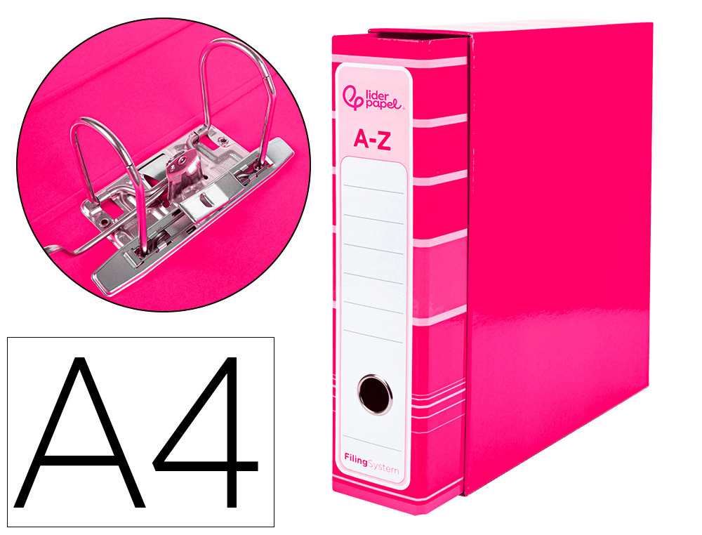 LIDERPAPEL - ARCHIVADOR DE PALANCA LIDERPAP EL A4 FILING SYSTEM FORRADO SIN RADO LOMO 80MM ROSA CON CAJA Y COMPRESOR METALICO (Ref.AZ89)