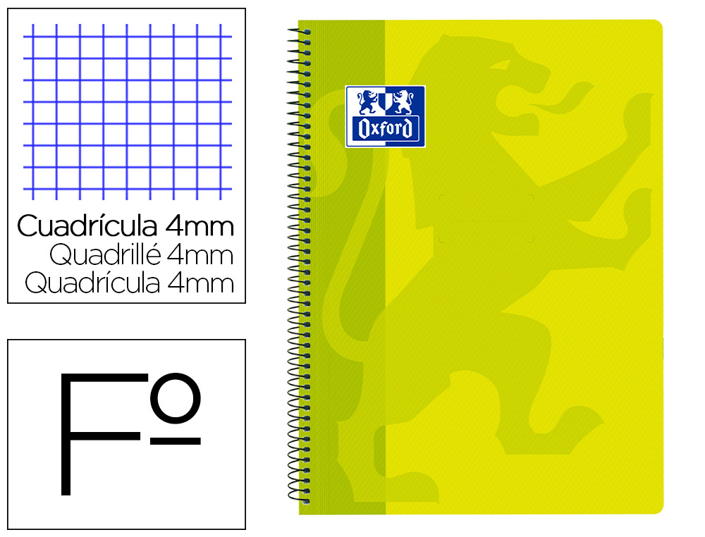 OXFORD - Cuaderno espiral school classic tapa polipropileno folio 80 hojas cuadro 4 mm con margen lima (Ref. 400093619)