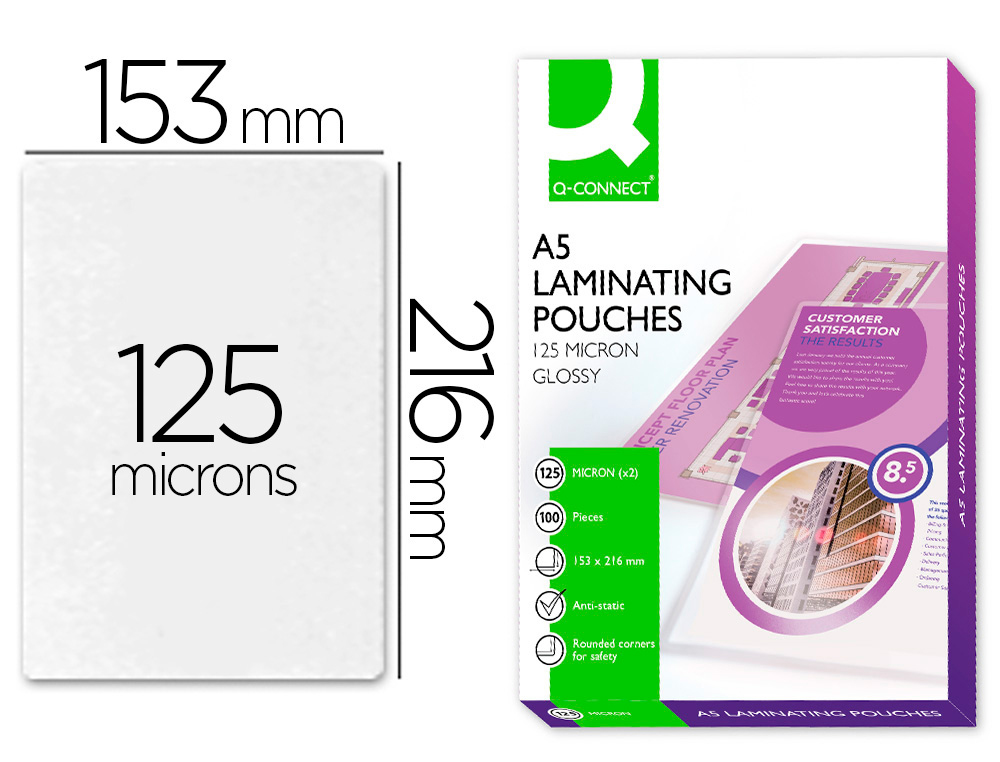 Q-CONNECT - BOLSA DE PLASTIFICAR 153 X 216 MM 125 MC DIN A5 A CAJA DE 100 UNIDADES (Ref.KF04108)