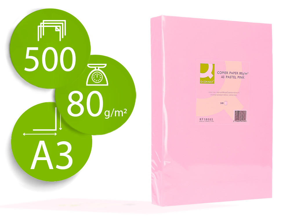 Q-CONNECT - PAPEL COLOR DIN A3 80 GR ROSA PAQUETE DE 500 HOJAS (Ref.KF18005)