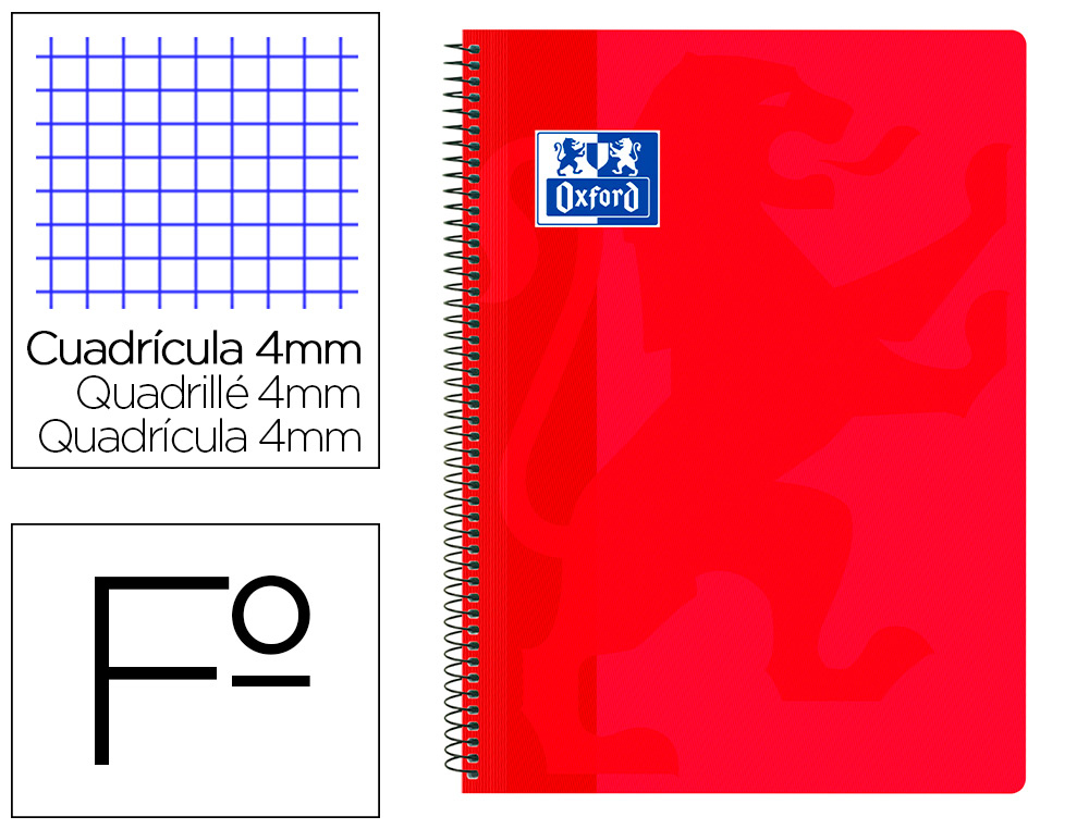 OXFORD - Cuaderno espiral school classic tapa polipropileno folio 80 hojas cuadro 4 mm con margen rojo (Ref. 400079660)