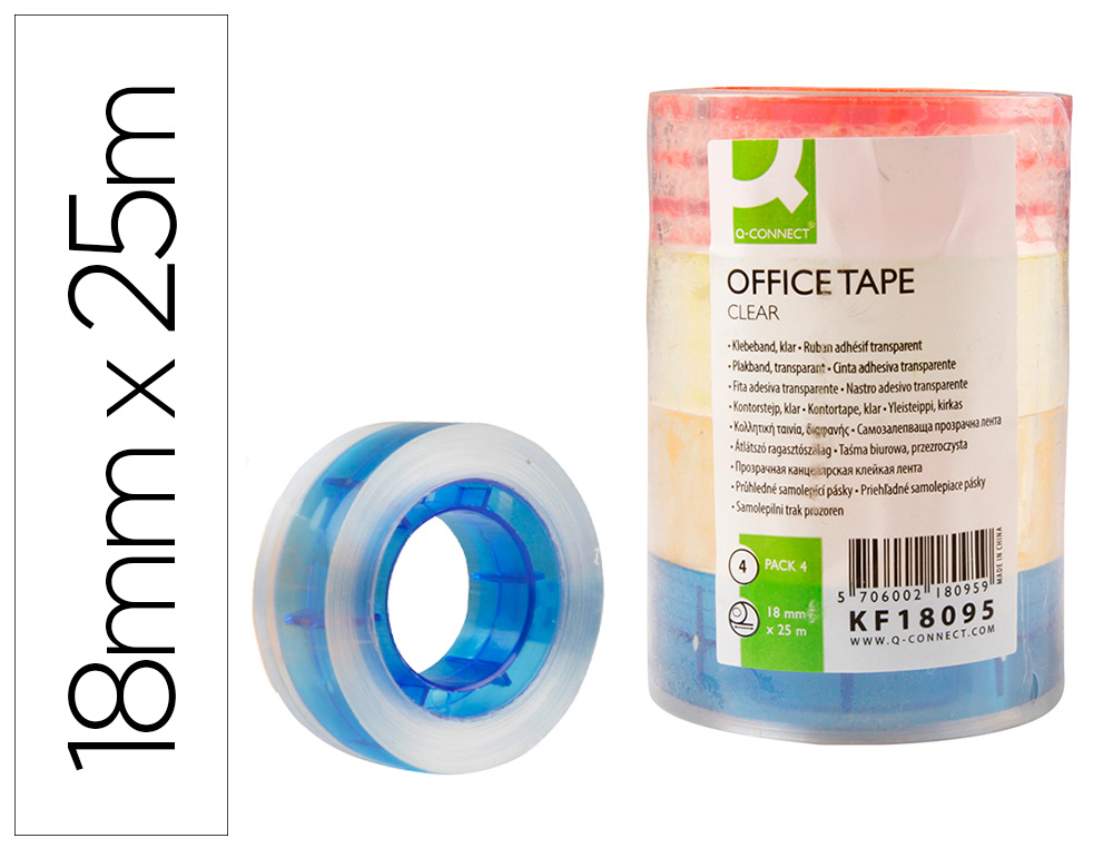 Q-CONNECT - Cinta adhesiva con mandril de color 25 mt x 18 mm pack de 4 colores (Ref. KF18095)