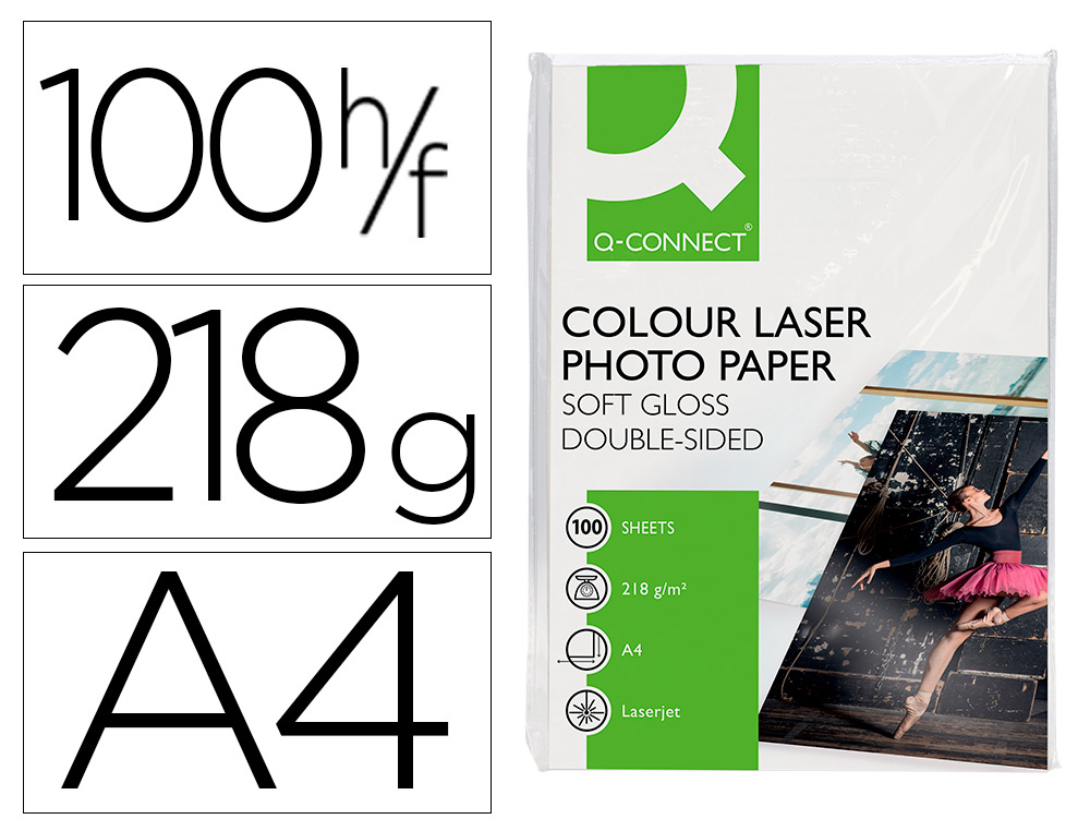 Q-CONNECT - PAPEL FOTO GLOSSY DIN A4 PARA FOTOCOPIADORAS E IMPRESORAS LASER -PAQUETE DE 100 HOJAS 218 GR (Ref.KF01935)