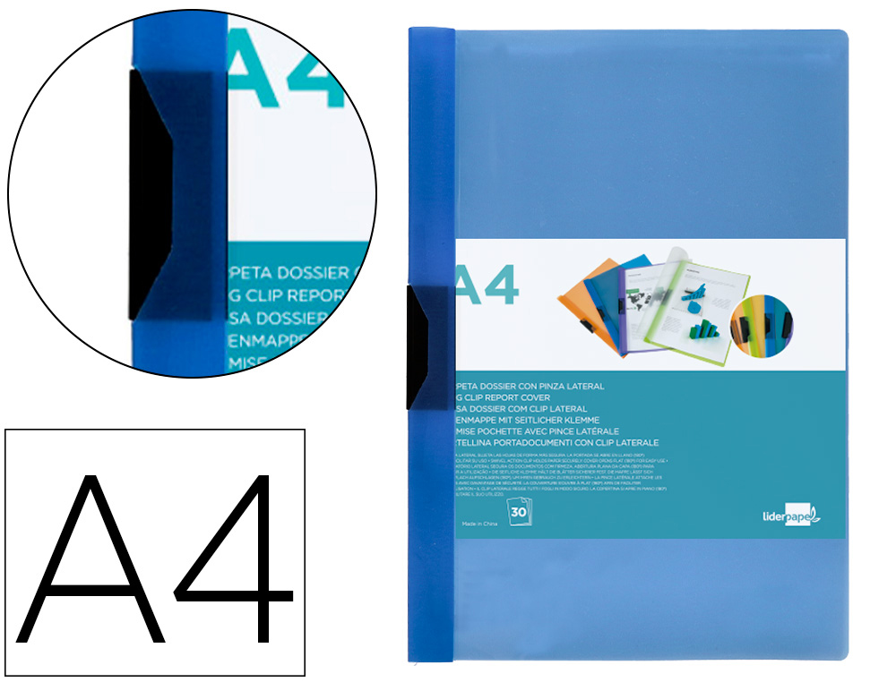 LIDERPAPEL - CARPETA DOSSIER PINZA LATERAL 45302 POLIPROPILENO DIN A4 AZUL 30 HOJAS PINZA DESLIZANTE (Ref.DP06)