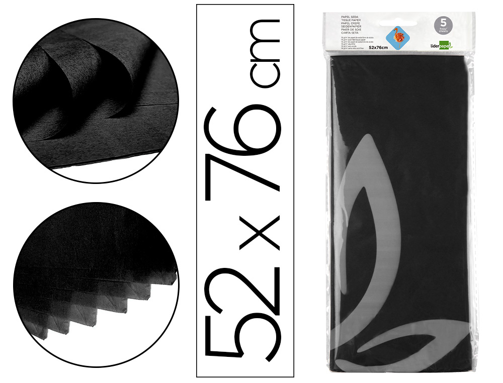 LIDERPAPEL - PAPEL SEDA 52X76CM 18G/M2 BOLSA DE 5 HOJAS NEGRO (Ref.SE09)