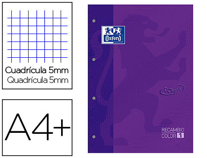 OXFORD - Recambio color 1 din a4+ 80 hojas 90 gr cuadricula 5 mm tapa blanda 4 taladros lila touch (Ref. 400077696)
