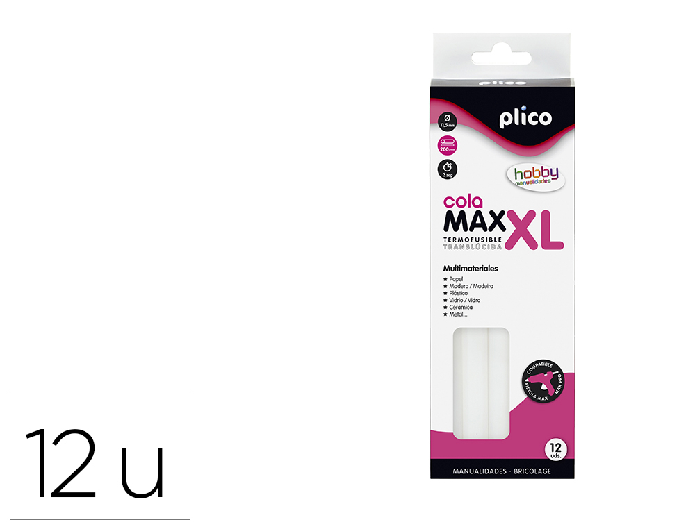 PLICO - Barra termofusible cola max xl baja temperatura 11,5 mm de diametro x 200 mm de alto blister de 12 unidades (Ref. 1645)