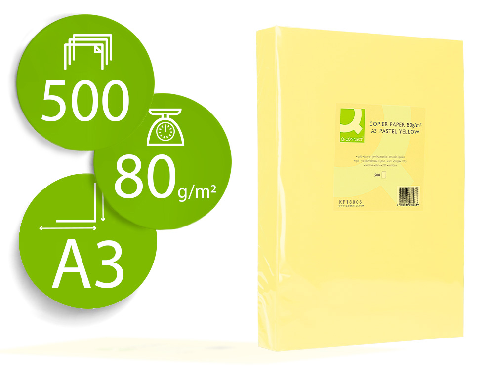 Q-CONNECT - PAPEL COLOR DIN A3 80GR AMARILLO PAQUETE DE 500 HOJAS (Ref.KF18006)