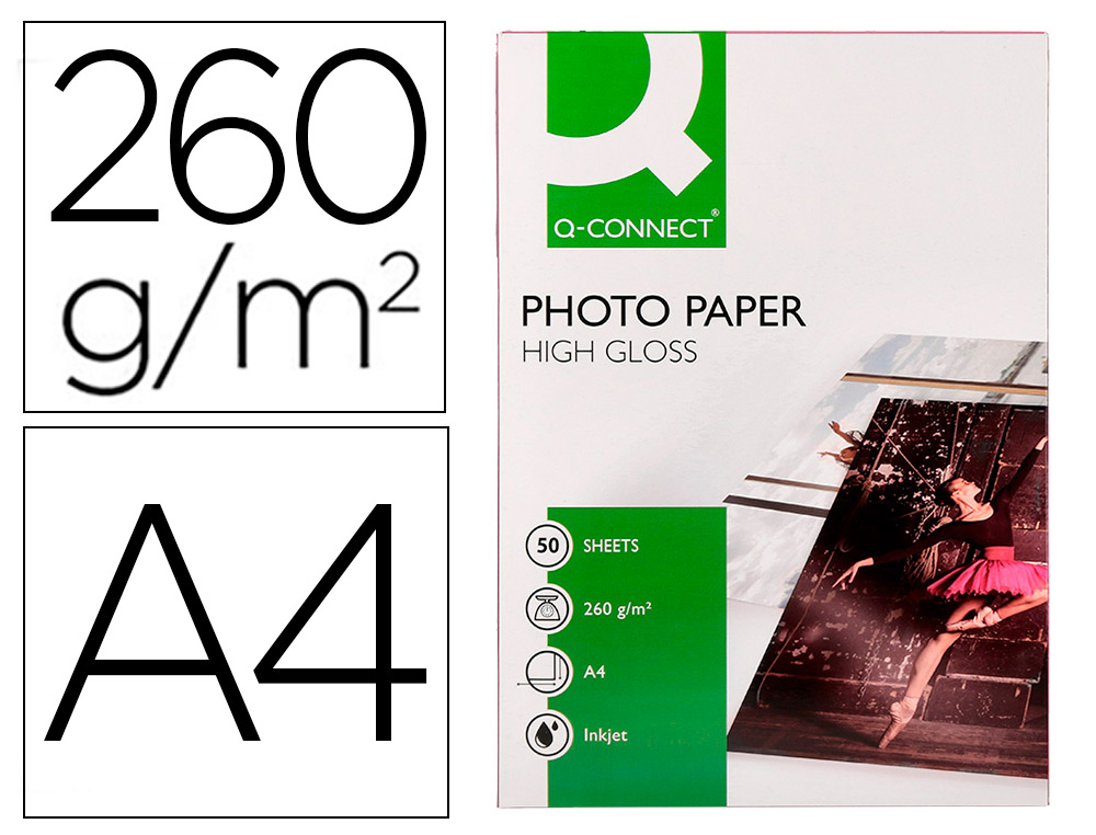 Q-CONNECT - PAPEL FOTO GLOSSY DIN A4 ALTA CALIDAD DIGITAL PHOTO -PARA INK-JET BOLSA DE 50 HOJAS DE 260 GR (Ref.KF02772)