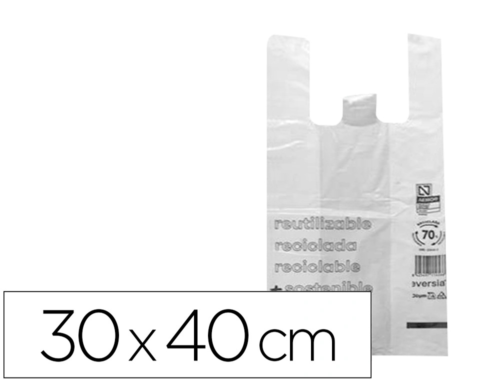 Bolsa camiseta reciclada 70% 50 mc 30x40 cm apta legislacion de bolsas 2021 (Ref. 3004044)