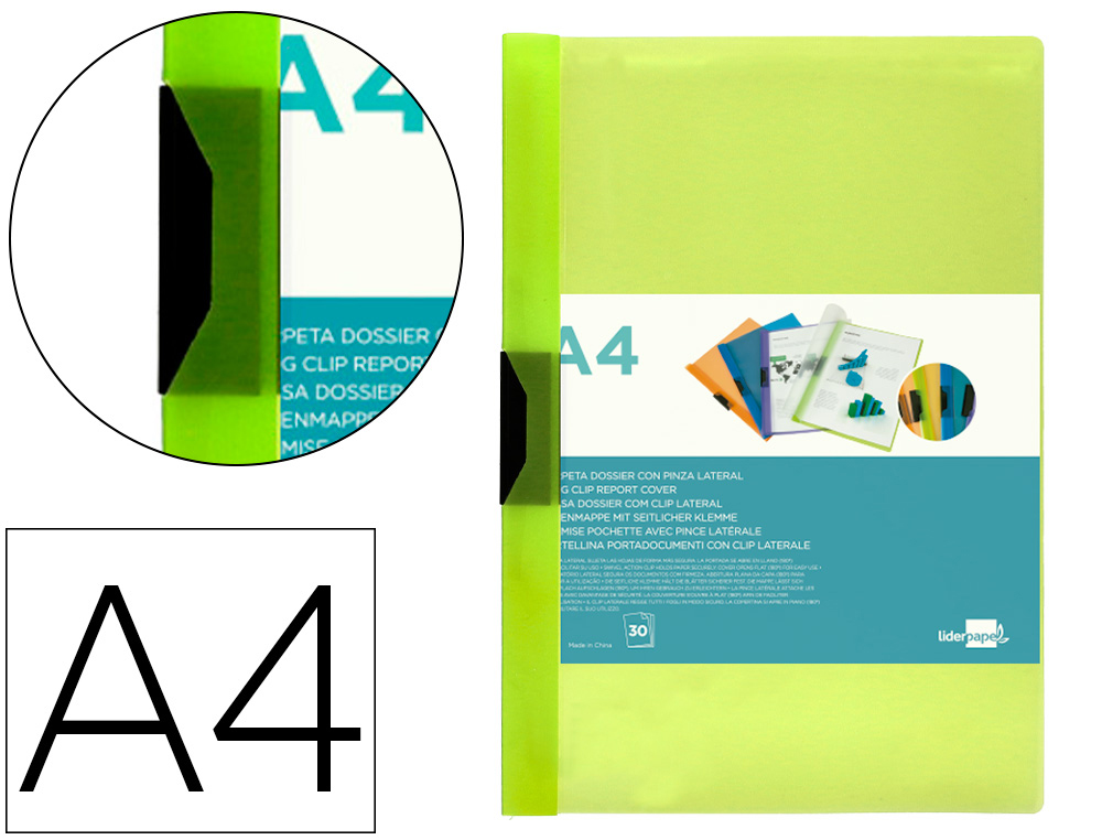 LIDERPAPEL - CARPETA DOSSIER PINZA LATERAL 45303 POLIPROPILENO DIN A4 VERDE CLA30 HOJAS PINZA DESLIZANTE (Ref.DP07)