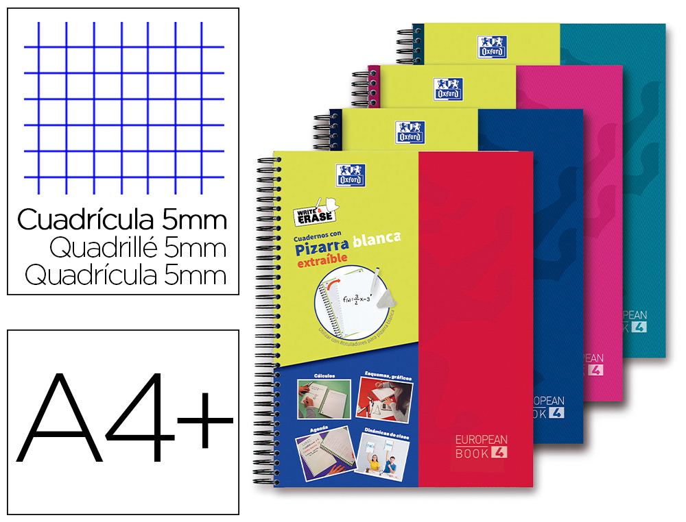OXFORD - Cuaderno espiral europeanbook 5 write&erase school classic din a4+ 120 hojas cuadro 5 mm con margen (Ref. 400120643)