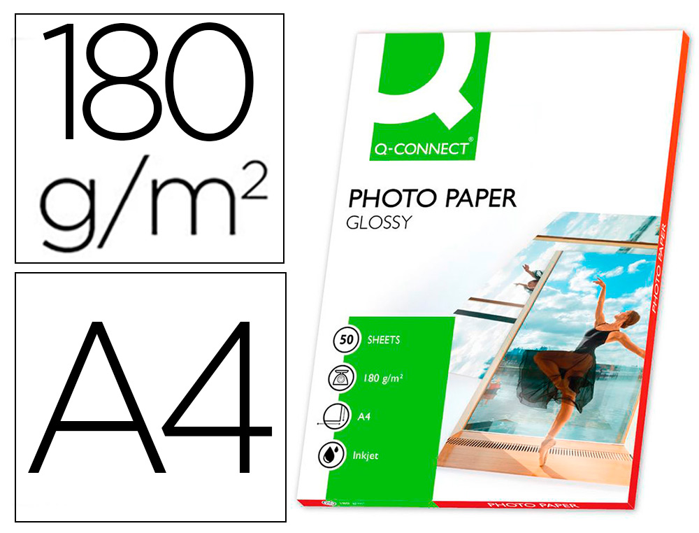 Q-CONNECT - PAPEL FOTO GLOSSY DIN A4 ALTA CALIDAD DIGITAL PHOTO -PARA INK-JET BOLSA DE 50 HOJAS DE 180 GR (Ref.KF02771)