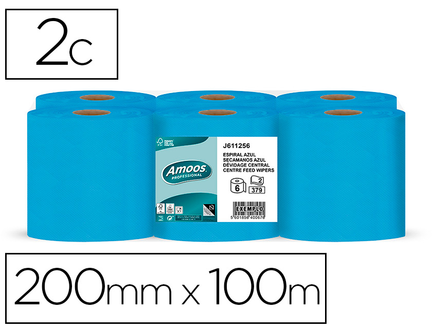AMOOS - Papel Secamanos Pack 6 rollos azul 2 capas 100 metros dispensación central. 100% fibra pura (Ref.J611001.3)