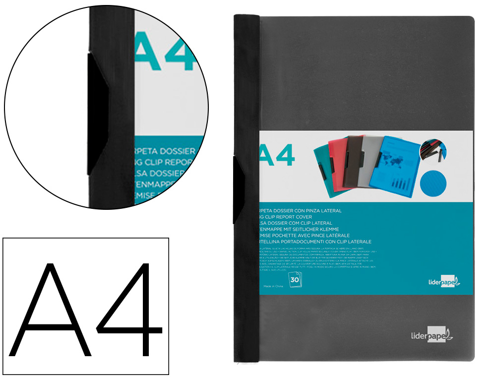 LIDERPAPEL - CARPETA DOSSIER PINZA LATERAL 35365 POLIPROPILENO DIN A4 NEGRA 30 HOJAS PINZA DESLIZANTE (Ref.DP04)