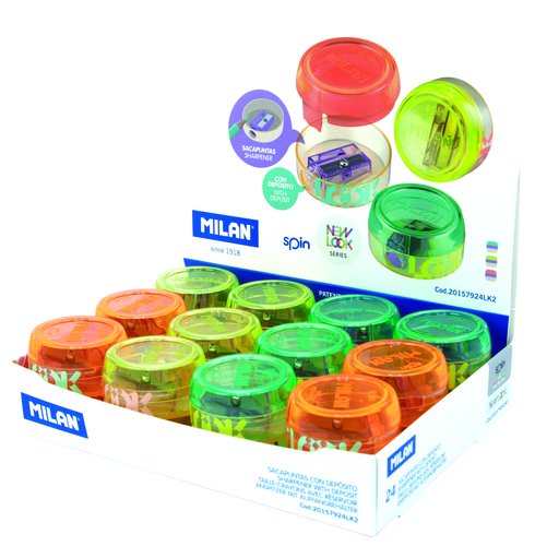 MILAN - Sacapuntas/Afilalapices SPIN 1 USO CON DEPOSITO SURTIDO EXPOSITOR de 24 (Ref.20157924)