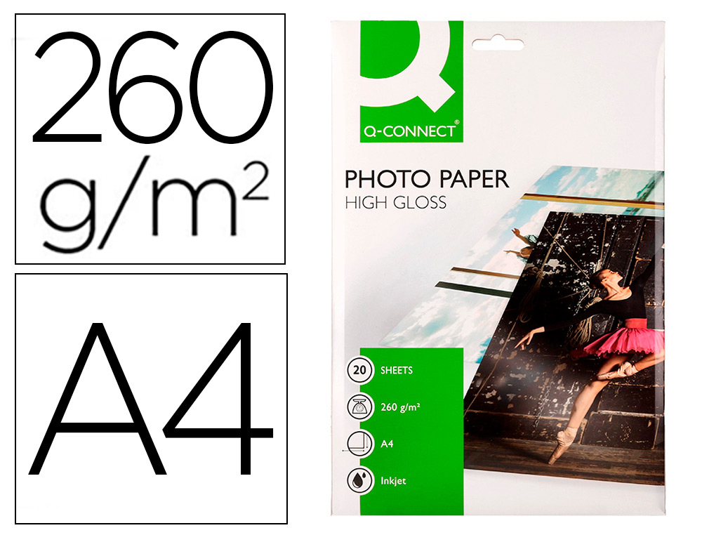 Q-CONNECT - PAPEL FOTO GLOSSY DIN A4 ALTA CALIDAD DIGITAL PHOTO -PARA INK-JET BOLSA DE 20 HOJAS DE 260 GR (Ref.KF02163)