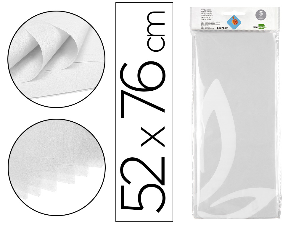 LIDERPAPEL - PAPEL SEDA 52X76CM 18G/M2 BOLSA DE 5 HOJAS BLANCO (Ref.SE01)