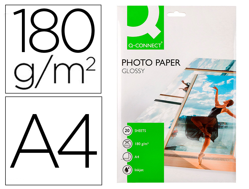 Q-CONNECT - PAPEL FOTO GLOSSY - DIN A4 -DIGITAL PHOTO -PARA INK-JET -BOLSA DE 20 HOJAS DE 180 GR (Ref.KF01103)