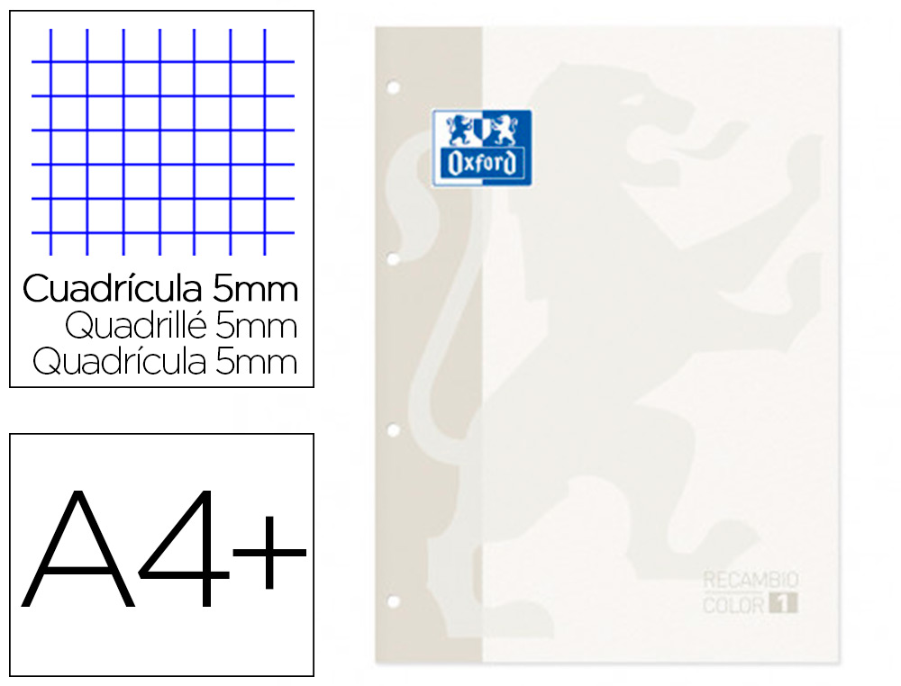 OXFORD - Recambio color 1 din a4+ 80 hojas 90 gr cuadro 5 mm 4 taladros color blanco (Ref. 400121559)